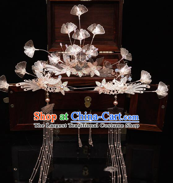 Chinese Ancient Bride Ginkgo Leaf Hair Crown Tassel Hairpins Traditional Wedding Xiu He Hair Accessories Complete Set for Women