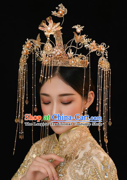 Chinese Ancient Bride Tassel Hairpins Golden Pearls Phoenix Coronet Traditional Wedding Xiu He Hair Accessories Complete Set for Women