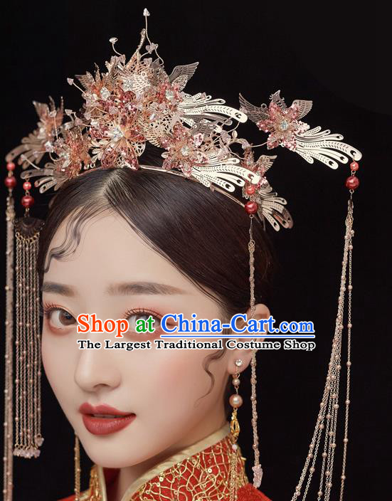 Chinese Ancient Bride Golden Phoenix Coronet Tassel Hairpins Traditional Wedding Xiu He Hair Accessories Complete Set for Women