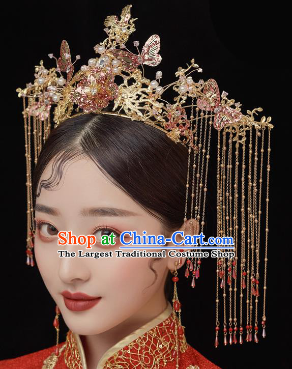 Chinese Ancient Bride Butterfly Crane Phoenix Coronet Tassel Hairpins Traditional Wedding Xiu He Hair Accessories Complete Set for Women