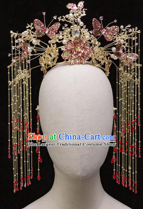 Chinese Ancient Bride Butterfly Crane Phoenix Coronet Tassel Hairpins Traditional Wedding Xiu He Hair Accessories Complete Set for Women