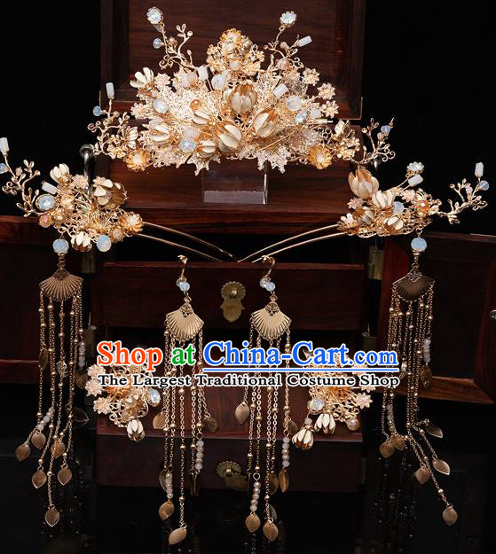 Chinese Ancient Bride Golden Hair Crown Tassel Hairpins Traditional Wedding Xiu He Hair Accessories Complete Set for Women