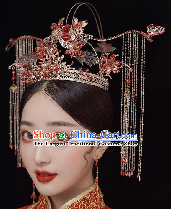 Chinese Ancient Bride Red Crystal Phoenix Coronet Tassel Hairpins Traditional Wedding Xiu He Hair Accessories Complete Set for Women