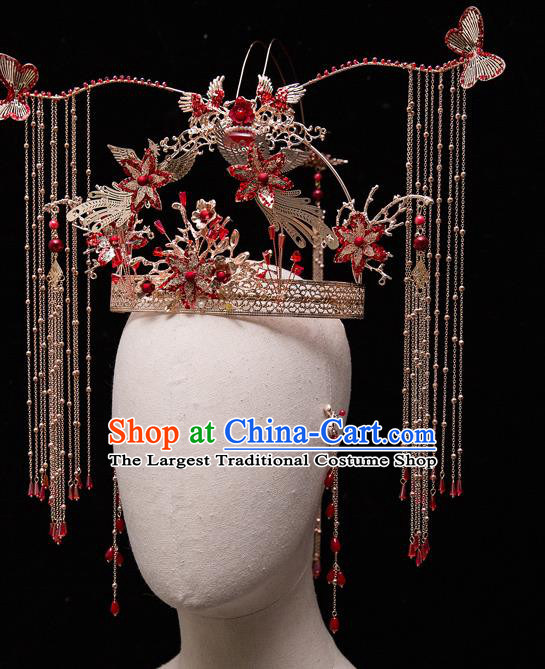 Chinese Ancient Bride Red Crystal Phoenix Coronet Tassel Hairpins Traditional Wedding Xiu He Hair Accessories Complete Set for Women