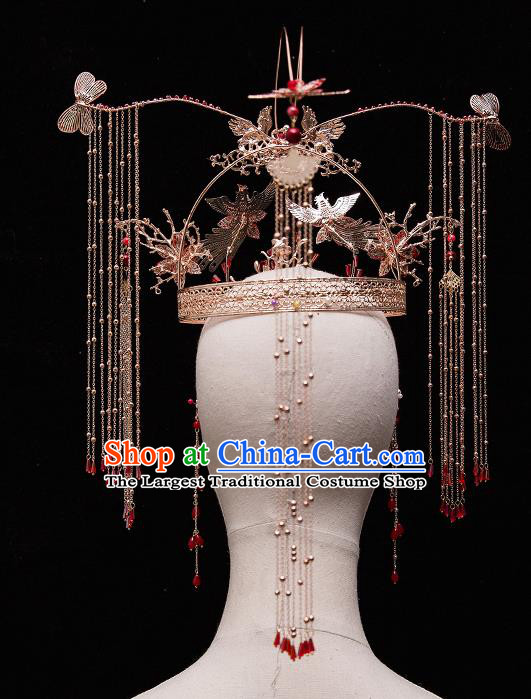 Chinese Ancient Bride Red Crystal Phoenix Coronet Tassel Hairpins Traditional Wedding Xiu He Hair Accessories Complete Set for Women