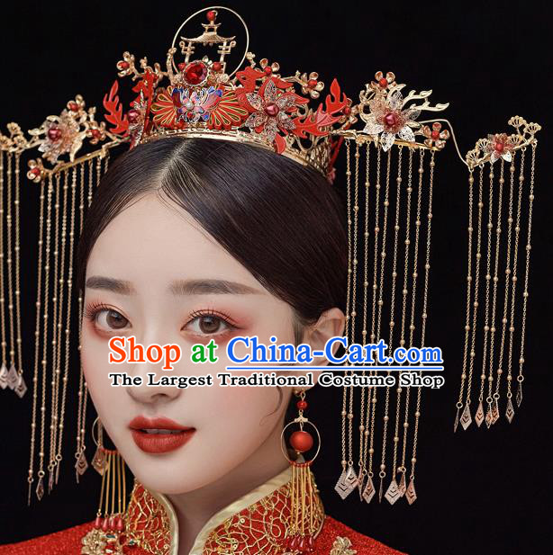 Chinese Ancient Bride Red Knot Phoenix Coronet Tassel Hairpins Traditional Wedding Xiu He Hair Accessories Complete Set for Women