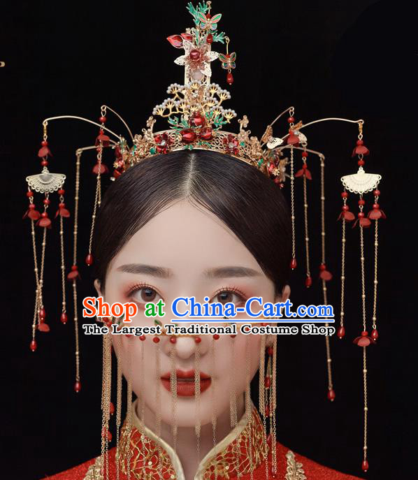 Chinese Ancient Bride Pine Phoenix Coronet Tassel Hairpins Traditional Wedding Xiu He Hair Accessories Complete Set for Women