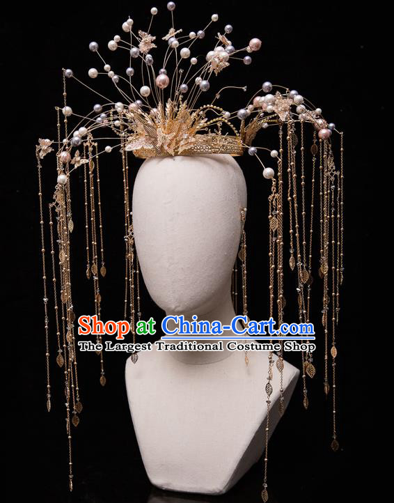Chinese Ancient Bride Beads Phoenix Coronet Tassel Hairpins Traditional Wedding Xiu He Hair Accessories Complete Set for Women