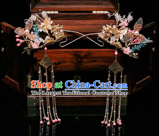 Chinese Ancient Bride Pink Flower Hair Crown Tassel Hairpins Traditional Wedding Xiu He Hair Accessories Complete Set for Women
