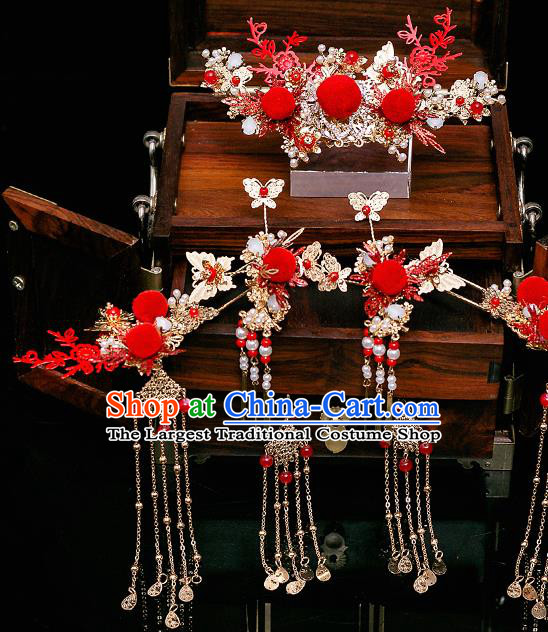 Chinese Ancient Bride Red Venonat Hair Crown Tassel Hairpins Traditional Wedding Xiu He Hair Accessories Complete Set for Women