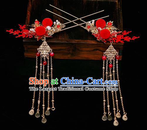 Chinese Ancient Bride Red Venonat Hair Crown Tassel Hairpins Traditional Wedding Xiu He Hair Accessories Complete Set for Women