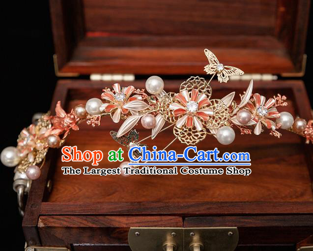 Chinese Ancient Bride Pink Leaf Hair Clasp Tassel Hairpins Traditional Wedding Xiu He Hair Accessories Complete Set for Women