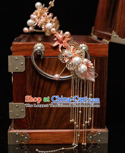 Chinese Ancient Bride Pink Leaf Hair Clasp Tassel Hairpins Traditional Wedding Xiu He Hair Accessories Complete Set for Women