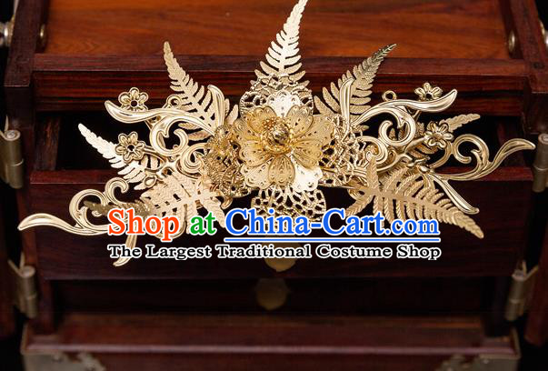 Chinese Ancient Bride Golden Leaf Hair Comb Tassel Hairpins Traditional Wedding Xiu He Hair Accessories Complete Set for Women