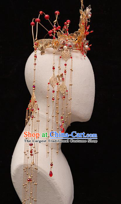 Chinese Ancient Bride Palace Phoenix Coronet Tassel Hairpins Traditional Wedding Xiu He Hair Accessories Complete Set for Women
