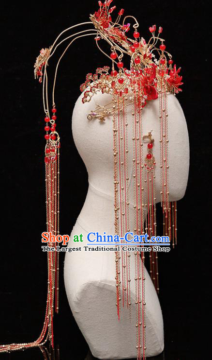 Chinese Ancient Bride Red Butterfly Phoenix Coronet Tassel Hairpins Traditional Wedding Xiu He Hair Accessories Complete Set for Women