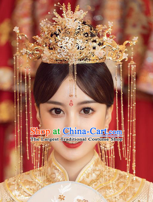 Chinese Ancient Bride Shell Phoenix Coronet Tassel Hairpins Traditional Wedding Xiu He Hair Accessories Complete Set for Women