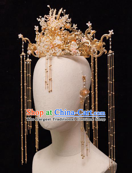 Chinese Ancient Bride Shell Phoenix Coronet Tassel Hairpins Traditional Wedding Xiu He Hair Accessories Complete Set for Women
