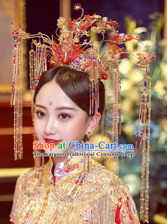 Chinese Ancient Bride Red Phoenix Coronet Tassel Hairpins Traditional Wedding Xiu He Hair Accessories Complete Set for Women