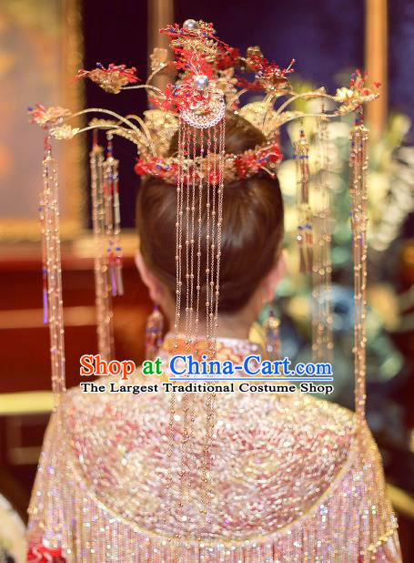 Chinese Ancient Bride Red Phoenix Coronet Tassel Hairpins Traditional Wedding Xiu He Hair Accessories Complete Set for Women