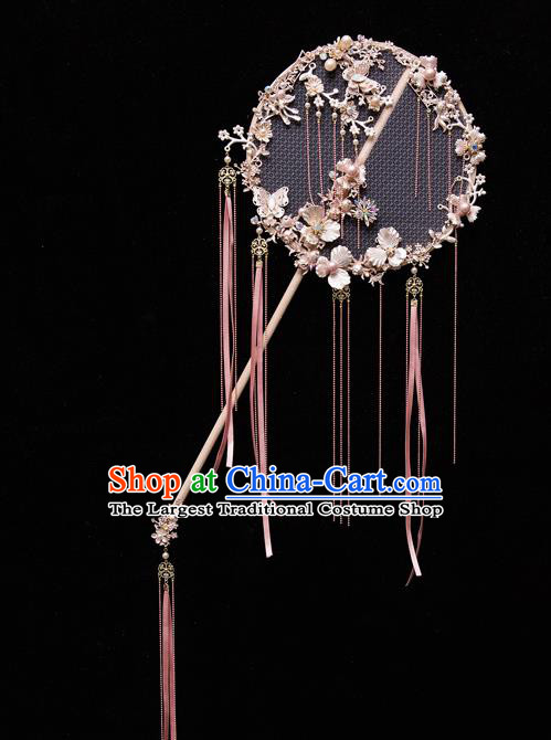 Chinese Ancient Bride Prop Pink Ribbon Silk Palace Fans Traditional Wedding Xiu He Accessories Round Fan for Women
