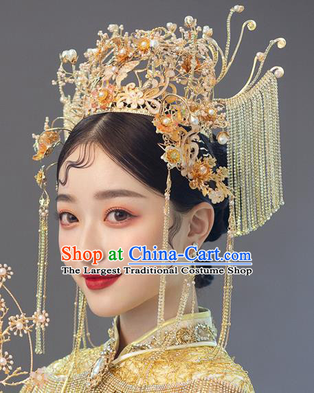Chinese Ancient Bride Golden Flowers Phoenix Coronet Tassel Hairpins Traditional Wedding Xiu He Hair Accessories Complete Set for Women