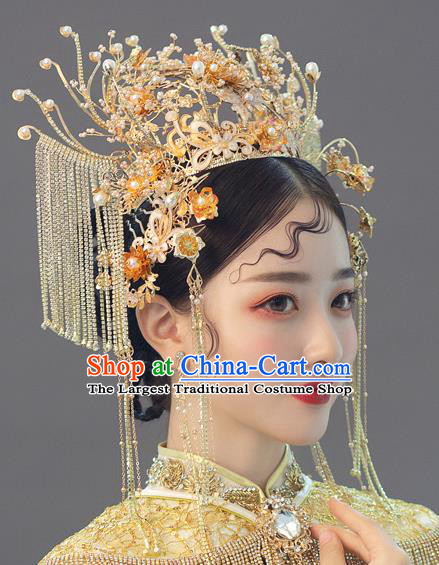 Chinese Ancient Bride Golden Flowers Phoenix Coronet Tassel Hairpins Traditional Wedding Xiu He Hair Accessories Complete Set for Women