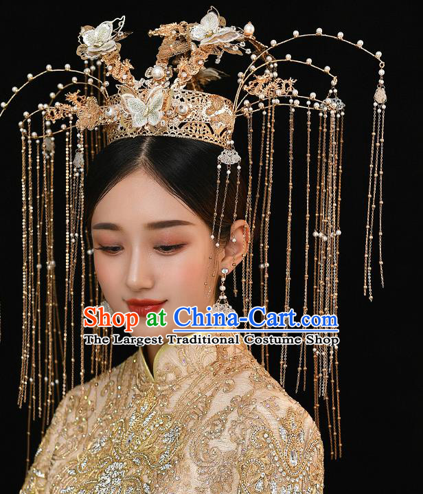 Chinese Ancient Bride Green Butterfly Phoenix Coronet Tassel Hairpins Traditional Wedding Xiu He Hair Accessories Complete Set for Women