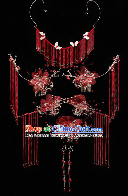 Chinese Ancient Bride Red Silk Hair Comb Tassel Hairpins Traditional Wedding Xiu He Hair Accessories Complete Set for Women