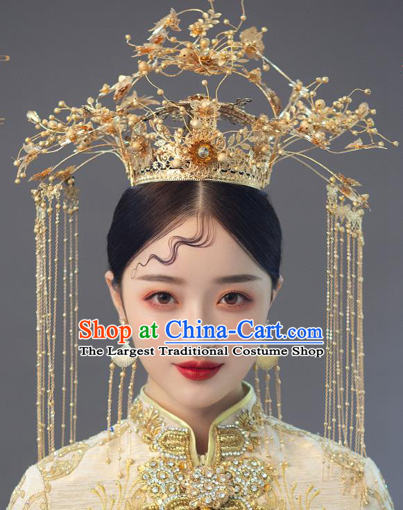 Chinese Ancient Bride Golden Beads Phoenix Coronet Tassel Hairpins Traditional Wedding Xiu He Hair Accessories Complete Set for Women