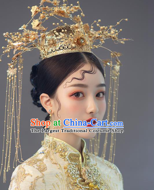 Chinese Ancient Bride Golden Beads Phoenix Coronet Tassel Hairpins Traditional Wedding Xiu He Hair Accessories Complete Set for Women