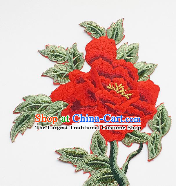 Chinese Traditional Embroidery Red Rich Peony Applique Embroidered Patches Embroidering Cloth Accessories