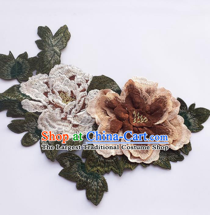 Traditional Chinese Embroidery Brown Stereo Peony Applique Embroidered Patches Embroidering Cloth Accessories