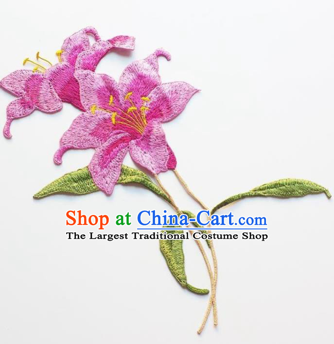 Traditional Chinese Embroidery Rosy Lily Flower Applique Embroidered Patches Embroidering Cloth Accessories