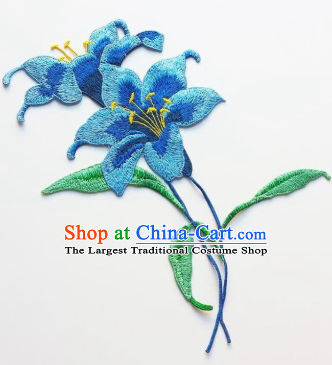 Traditional Chinese Embroidery Blue Lily Flower Applique Embroidered Patches Embroidering Cloth Accessories