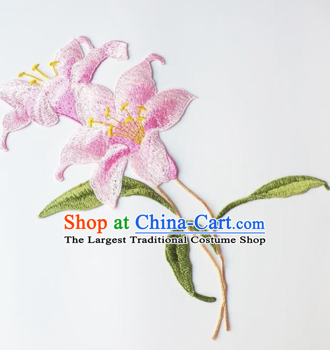 Traditional Chinese Embroidery Pink Lily Flower Applique Embroidered Patches Embroidering Cloth Accessories
