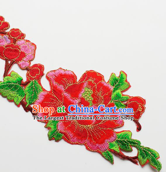 Traditional Chinese National Embroidery Red Peony Applique Embroidered Patches Embroidering Cloth Accessories
