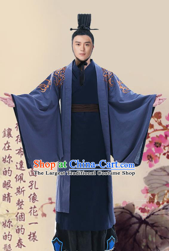 Chinese Ancient Han Dynasty Minister Navy Clothing Traditional Hanfu Scholar Costumes for Men