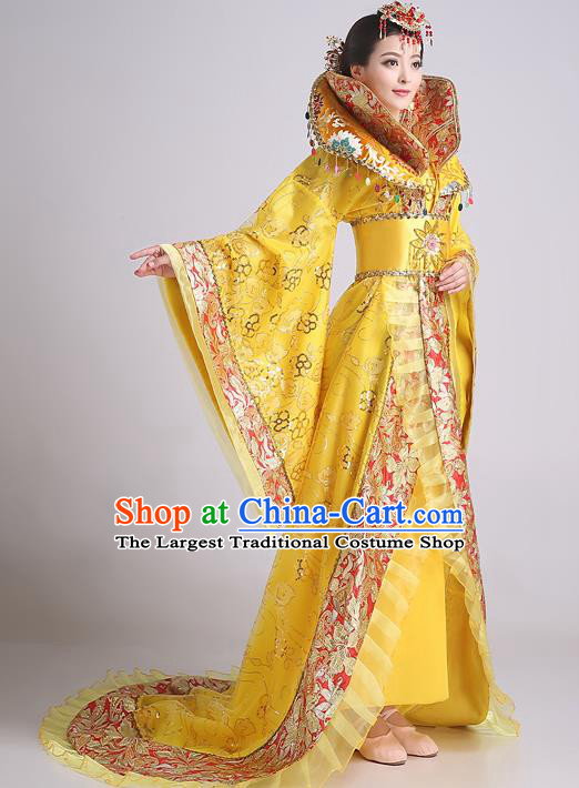 Chinese Ancient Tang Dynasty Imperial Consort Yellow Trailing Dress Traditional Hanfu Goddess Classical Dance Costumes for Women