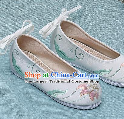 Chinese Handmade Embroidered Lotus White Cloth Shoes Traditional Hanfu Shoes National Shoes for Women