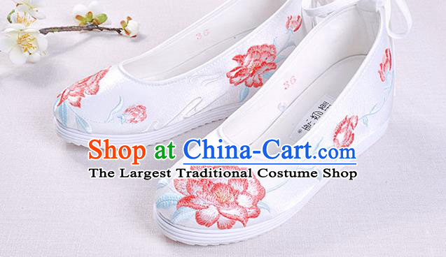 Chinese Handmade Opera Embroidered Peony White Shoes Traditional Hanfu Shoes National Shoes for Women