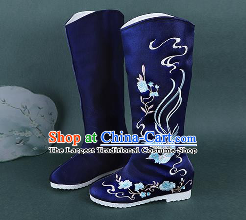 Chinese Handmade Winter Embroidered Royalblue High Boots Traditional Hanfu Shoes National Shoes for Women