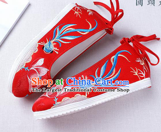 Chinese Handmade Opera Embroidered Lotus Goldfish Red Shoes Traditional Hanfu Shoes National Shoes for Women