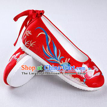 Chinese Handmade Opera Embroidered Lotus Goldfish Red Shoes Traditional Hanfu Shoes National Shoes for Women