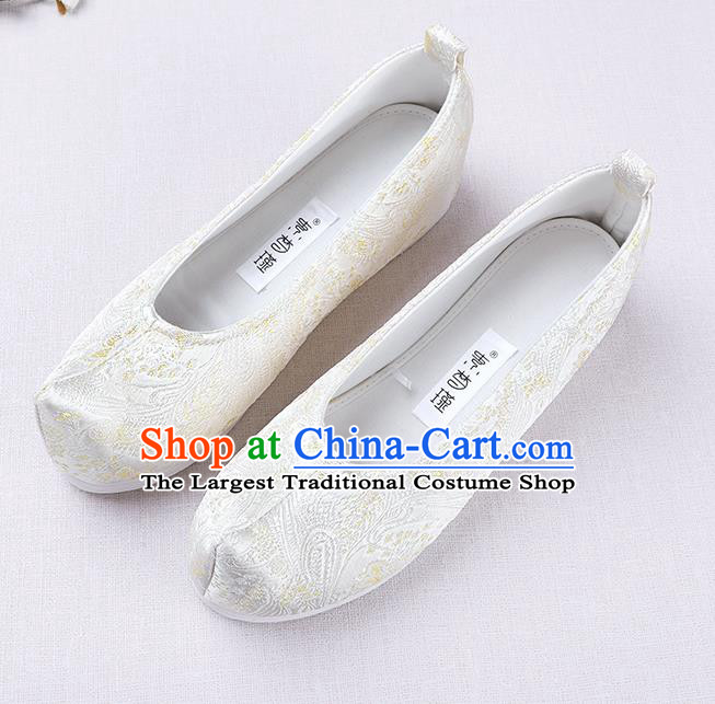 Chinese Handmade Opera Embroidered White Brocade Bow Shoes Traditional Hanfu Shoes National Shoes for Women