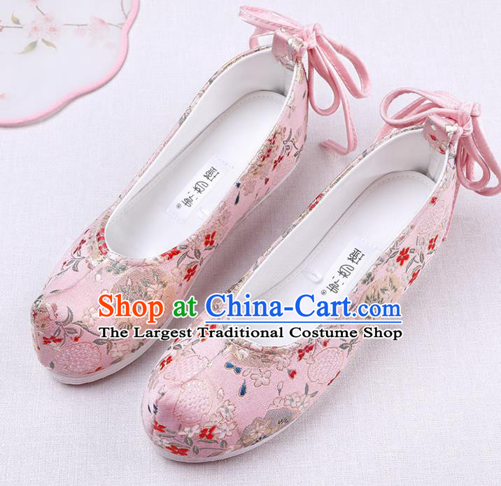 Chinese Handmade Opera Embroidered Pink Brocade Bow Shoes Traditional Hanfu Shoes National Shoes for Women