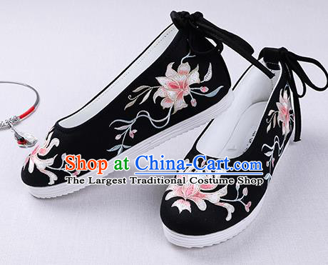 Chinese Handmade Embroidered Flower Black Opera Shoes Traditional Hanfu Shoes National Shoes for Women
