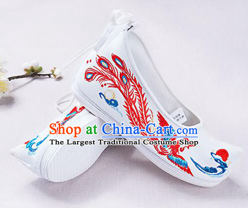 Chinese Handmade Embroidered Phoenix White Opera Shoes Traditional Hanfu Shoes National Shoes for Women