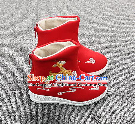 Chinese Handmade Winter Embroidered Deer Red Boots Traditional Hanfu Shoes National Shoes for Kids