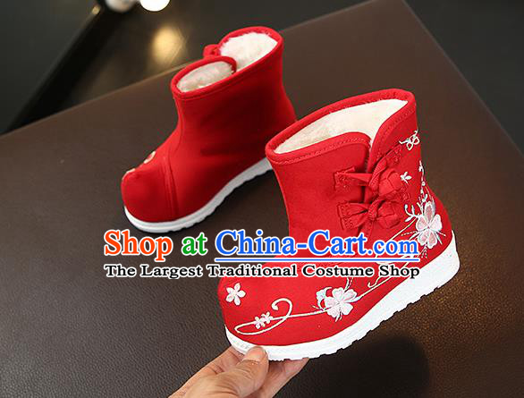 Chinese Handmade Winter Embroidered Red Boots Traditional Hanfu Shoes National Shoes for Kids
